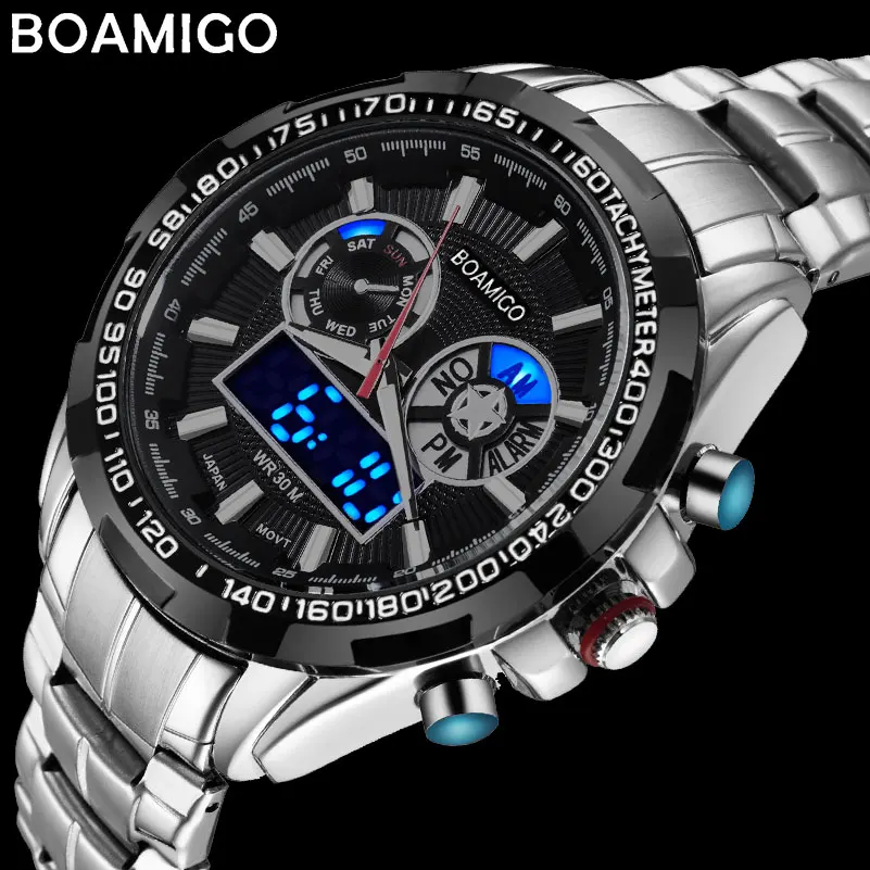 men sport watches military steel digital watch Luminous hand quartz watch 2017 BOAMIGO silver gift 30m waterproof wristwatches