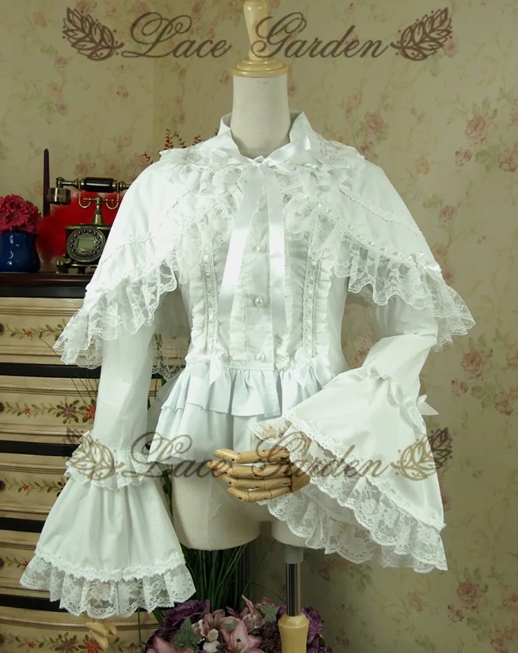 シャツ+ブラウス(長袖+七分) Vintage white lace ruffle cropped top Spring Women White Shirt Vintage Victorian Ruffled Lace Blouse