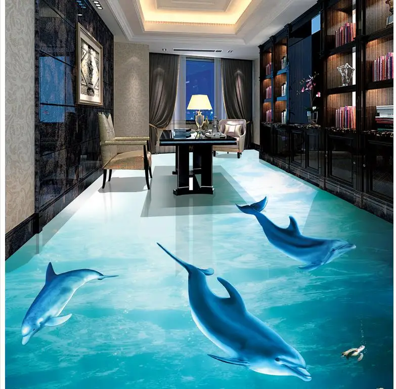 

Modern Custom 3D Floor Mural Dolphin Bathroom Living Room Floor Painting 3D Floor Non-slip Waterproof Self-adhesive PVC