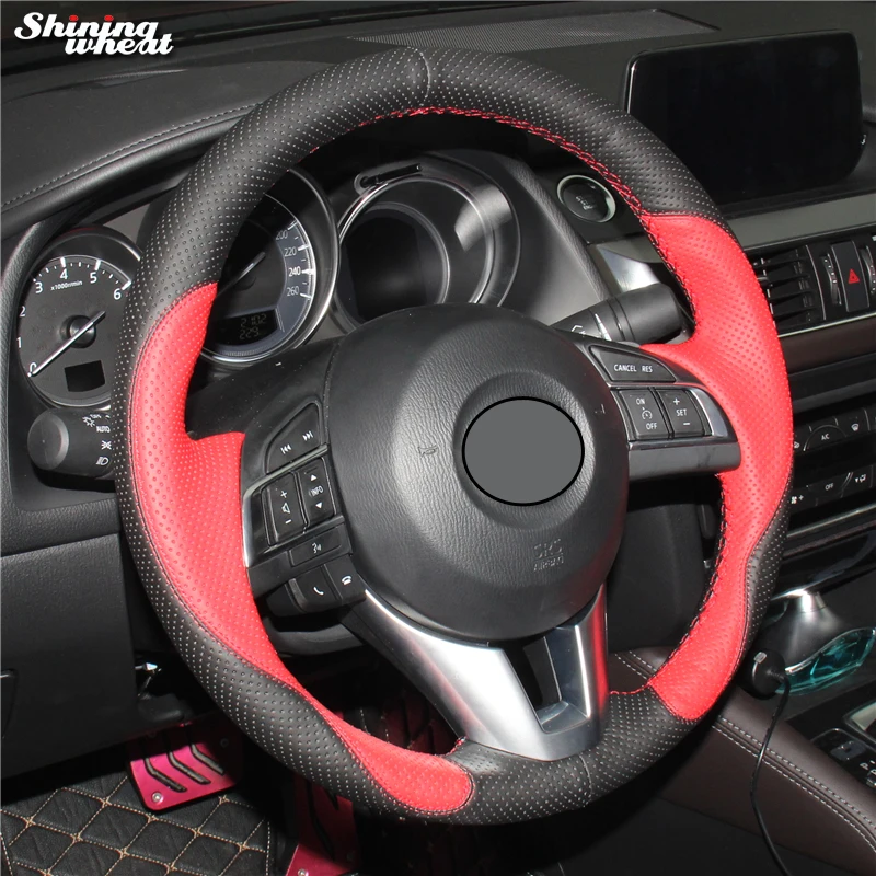 Shining wheat Red  Black Leather Car Steering Wheel Cover for Mazda 3 Axela 2013-2016 Mazda 6 Atenza 2014-2017 Mazda 2 2015-2017