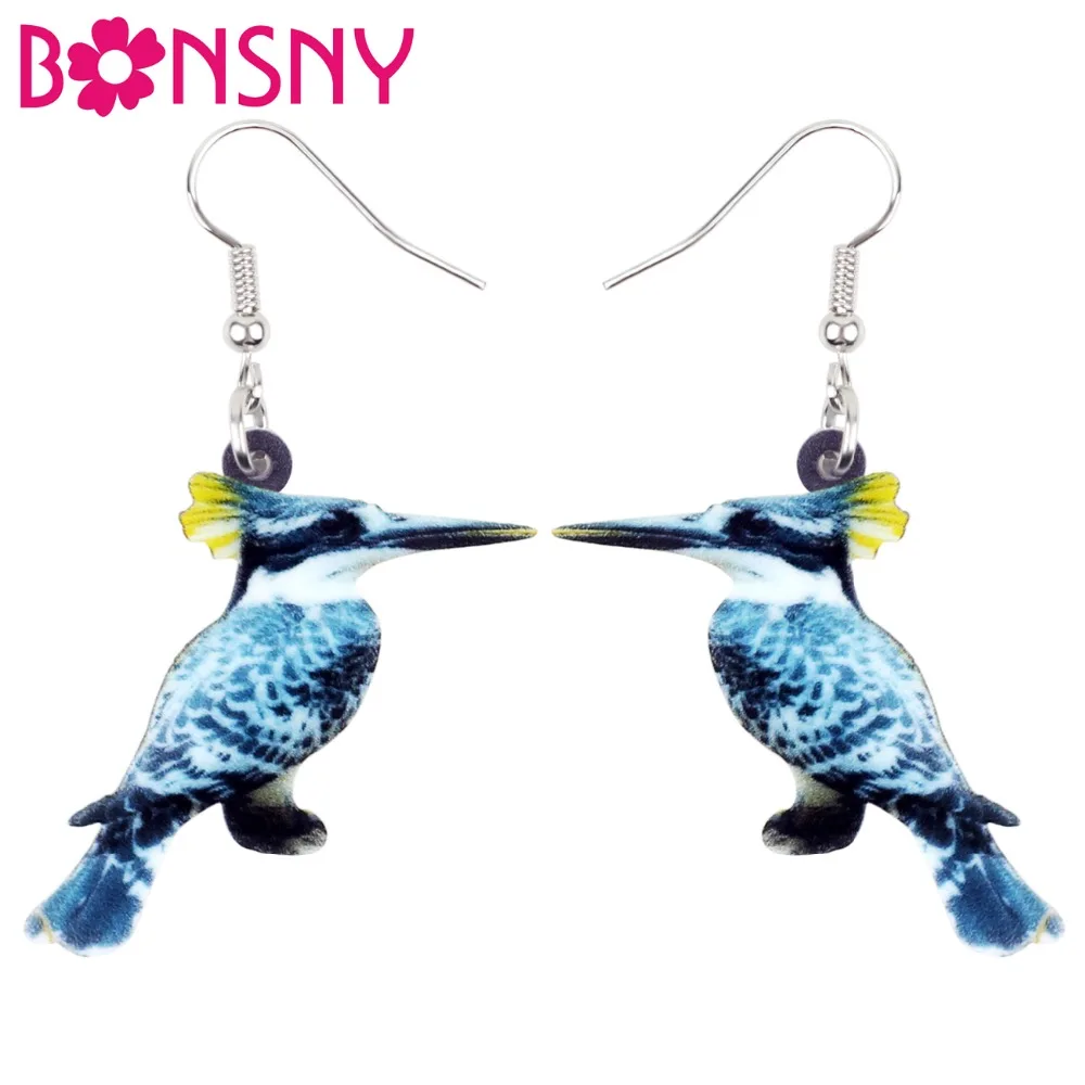 Bonsny Acrylic Ceryle Rudis Pied Kingfisher Bird Earrings Big Long Dangle Drop Novelty Tropic Animal Jewelry For Women Girls Kid