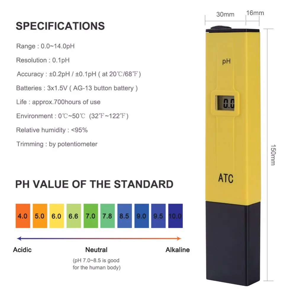 aquarium ATC PH meter Automatic Temperature Compensation Handheld Digital PH Tester Temperature Degree C 0.00-14.00 PH Range