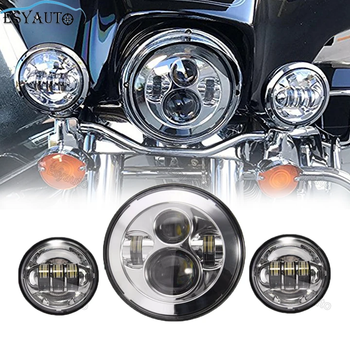 

7 inch Chrome Headlight Auxiliary LED Light Hi/Lo Beam + 4.5 Inch 30W Fog Lamp Light for Motorcycles (2 Pcs/Set)