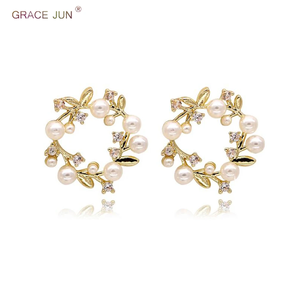 GRACE JUN New Arrival CZ  Pearl Clip on Earrings and Pierced Earrings for Women Party Wedding Elegant Wreath Earrings Hot Sale