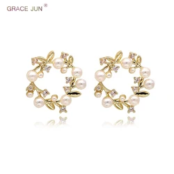 GRACE JUN New Arrival CZ Pearl Clip on Earrings and Pierced Earrings for Women Party Wedding Elegant Wreath Earrings Hot Sale