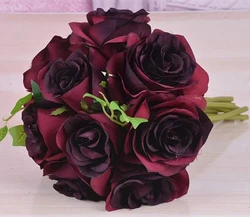 Ramo de flores de Borgoña, rosa de seda, rojo oscuro, Burdeos ramo de novia, ramo de damas de honor, ramos de flores artificiales de seda Ro