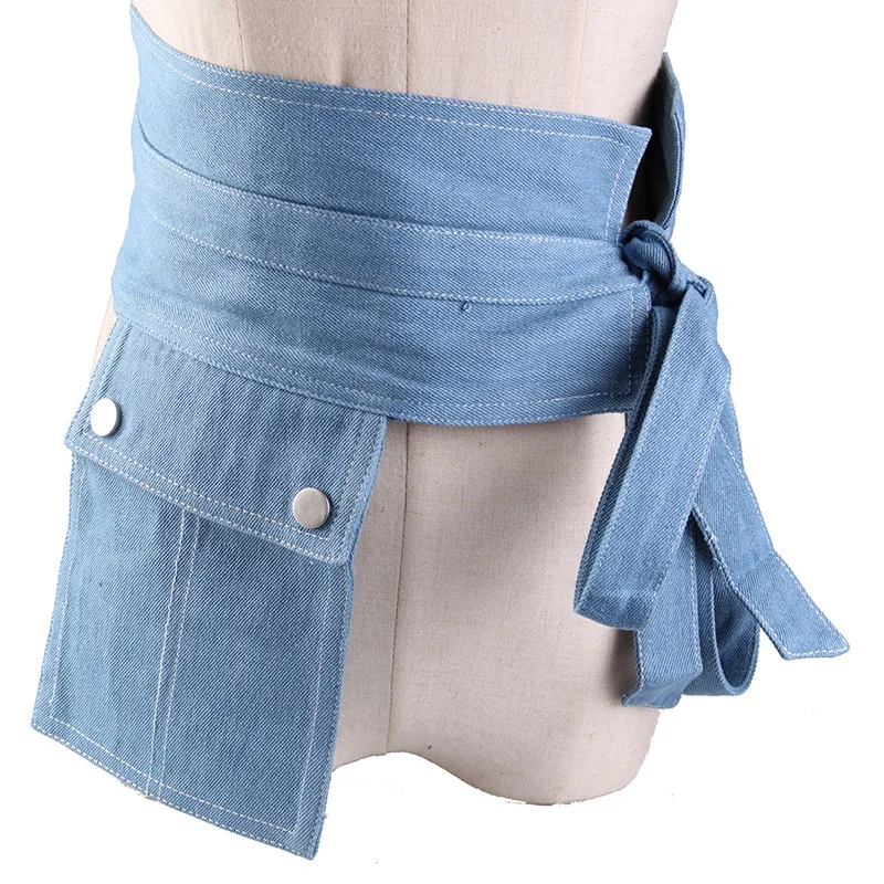 Women\'s Denim Wide Waist Belts Women Belts With Pocket Leisure Cummerbund For Party Dresses Female Belts Clothing Accessories