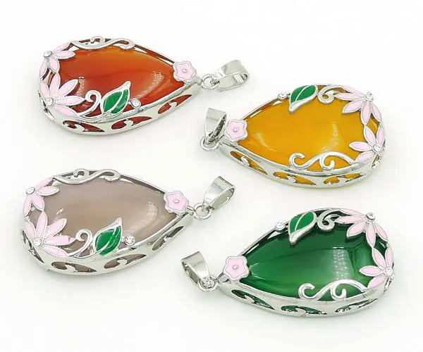 Mixed Colors Agate Drop Pendant With Enamelling And Wrapping Setting Platina Plated 40*25mm