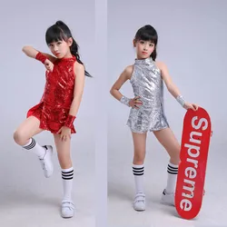 子供ステージダンスウェア子供ヒップホップヒップホップジャズダンス衣装スーツ Paillette のモダンドレス服チアリーディング靴下パンツ