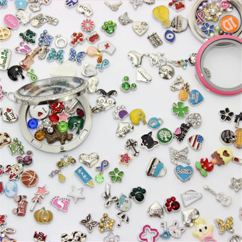 Wholase 50pcs/Lot Mix Random Different Designs Alloy Floating Charms For Glass pendants Lockets Jewelry Accessory