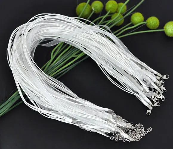 Free Shipping 100pcs Lobster Clasp White Organza Ribbon Waxen Cord String Necklaces 17