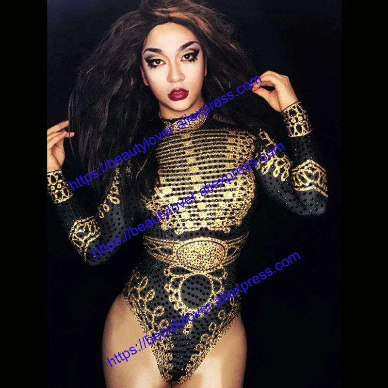 

Sexy Glisten Black Gold Crystals Bodysuits Leotard Long Sleeves Outfit singer Nightclub Costume