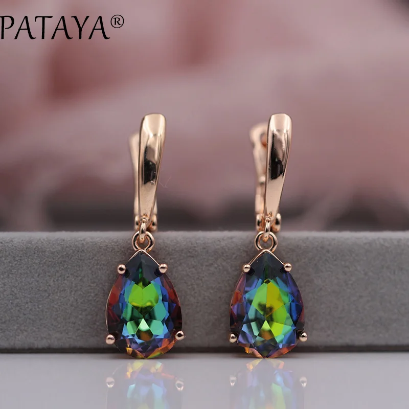 PATAYA Sale Green Water Drop Natural Zircon Earrings 585 Rose Gold Color Long Earrings Women Romantic Party Jewelry Multicolor