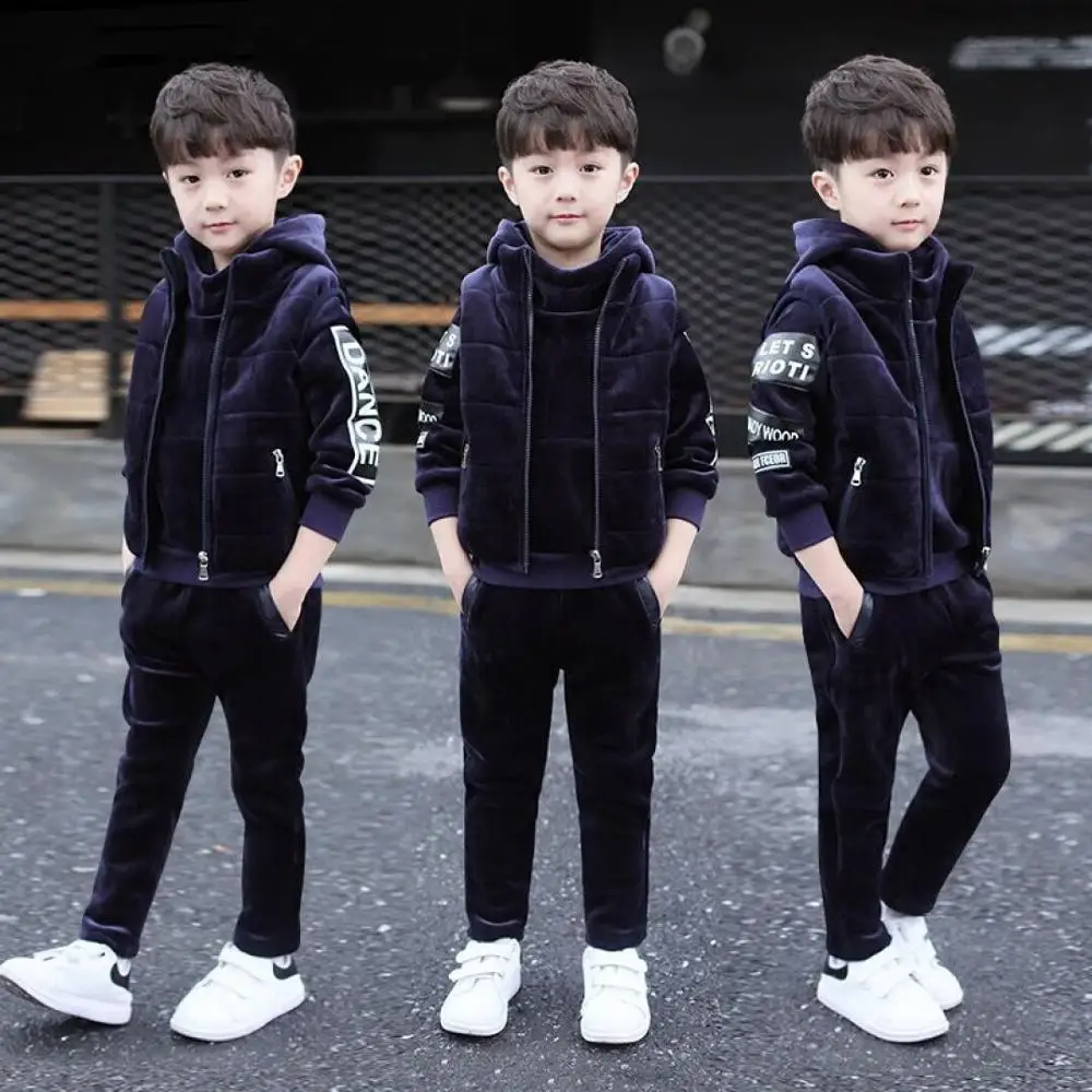 -30 Degree Boys Winter Plushed Thickened Clothing 3 Pcs Suit Kids Golden Velvet Clothes Children Vest Coat + Hoodies + Pants P23