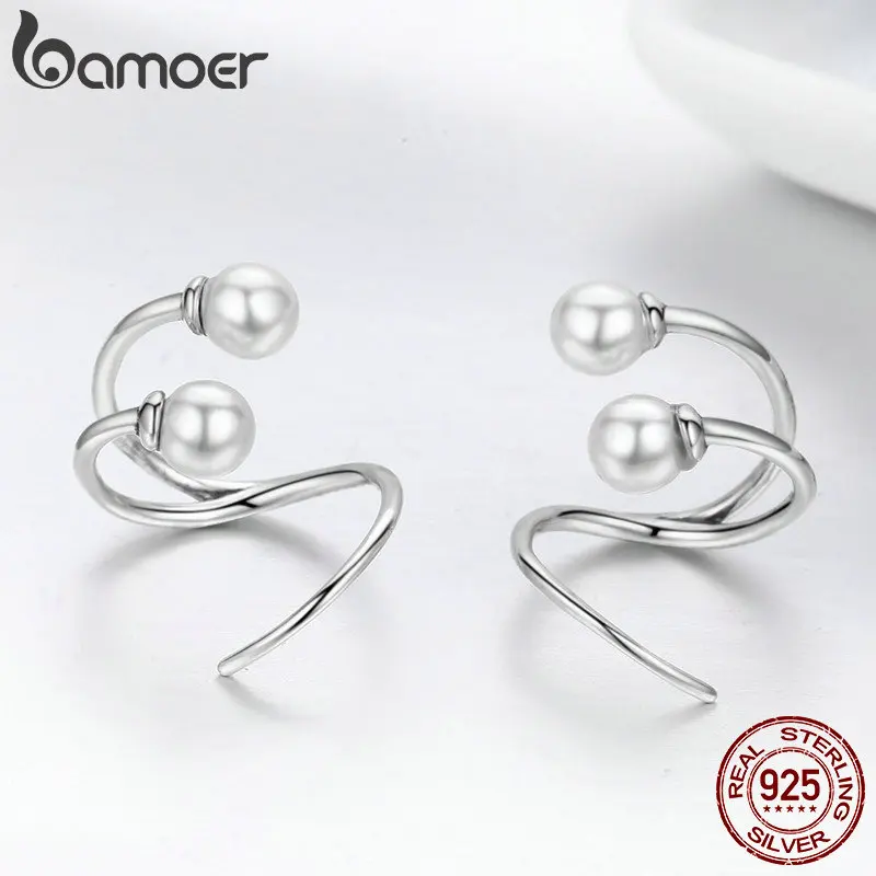 Bamoer 100% 925 Sterling Silver Anting-Anting Elegan Mutiara Anting-Anting Anting-Anting untuk Wanita Perhiasan Perak SCE306