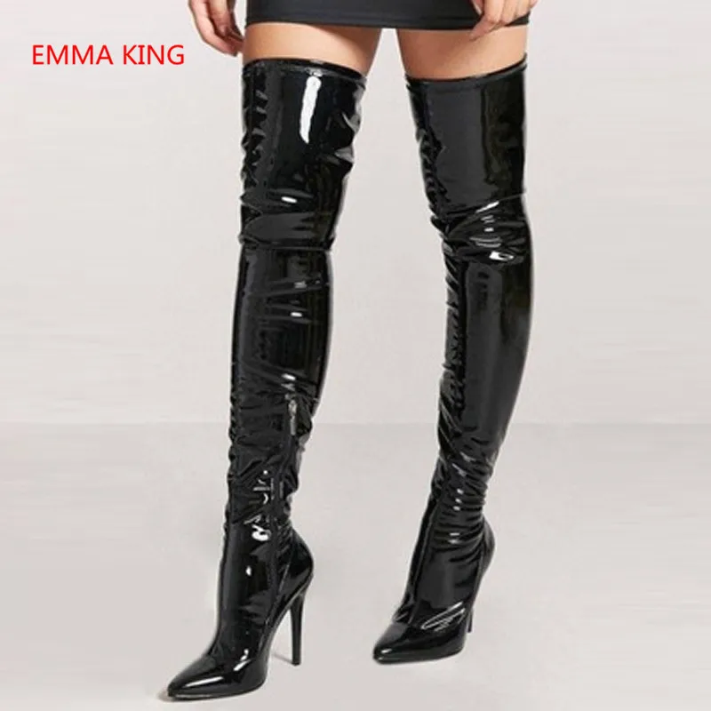 

Patent Leather Runway Women Over The Knee Boots Pointed Toe Sexy Party Thin High Heels Shoes Winter New Black Thigh High Boots