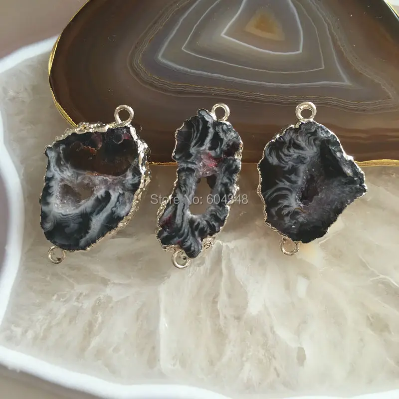 10pcs Nature Black  Quartz Geode  Gem Stone Connectors, Silver Color Crystal Drusy  Geode Pendant Beads Findings