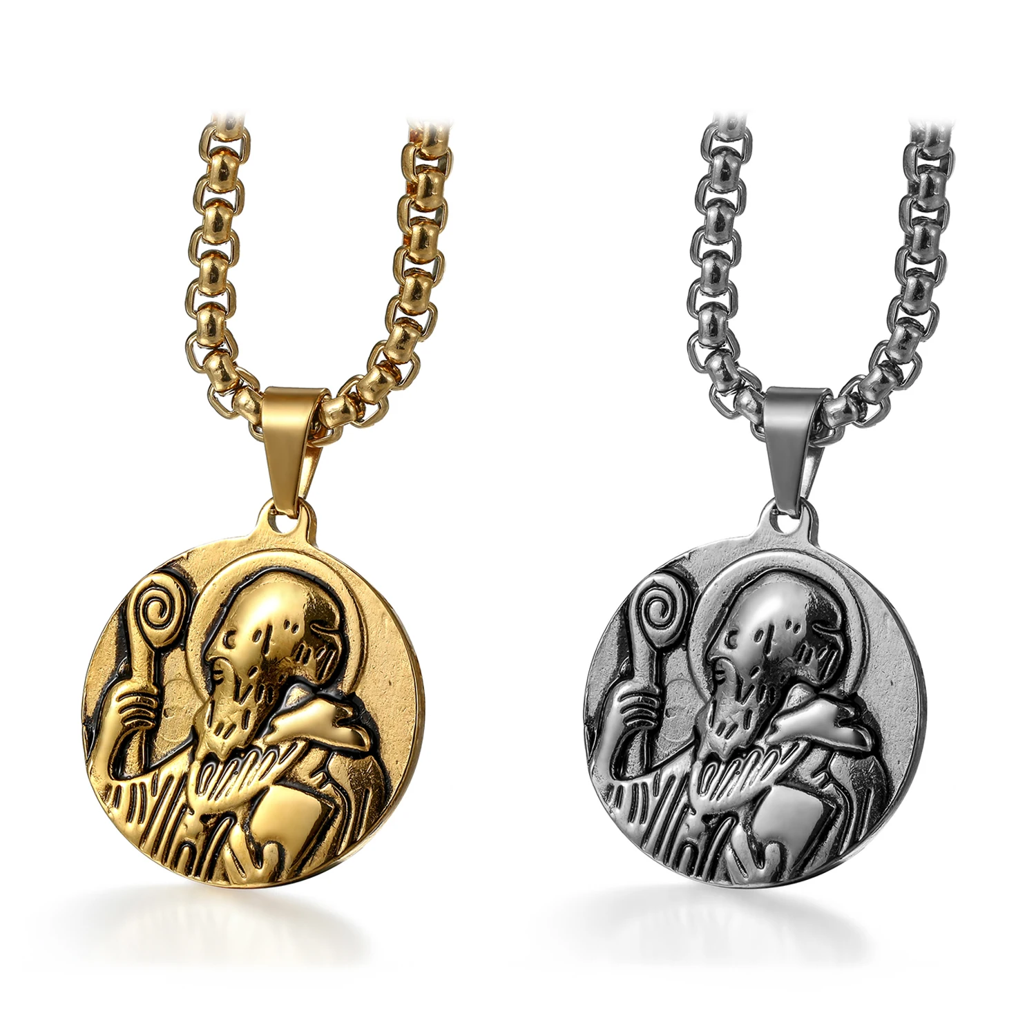 BONISKISS Men's Saint St Benedict Medal Against Evil Necklaces Religious Exorcism Stainless Steel Crucifix Pendant Jesus Jewelry