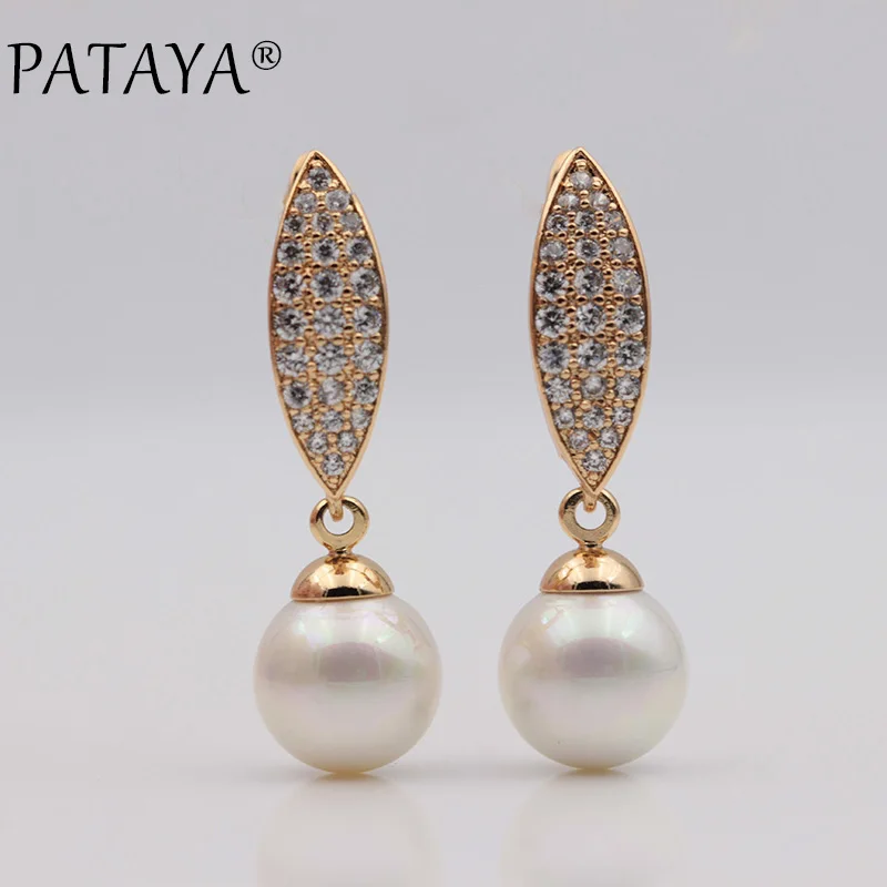 PATAYA New 585 Rose Gold Color Micro-wax Inlay Natural Zircon Shell Pearls Long Dangle Earrings Women Wedding Luxury Jewelry