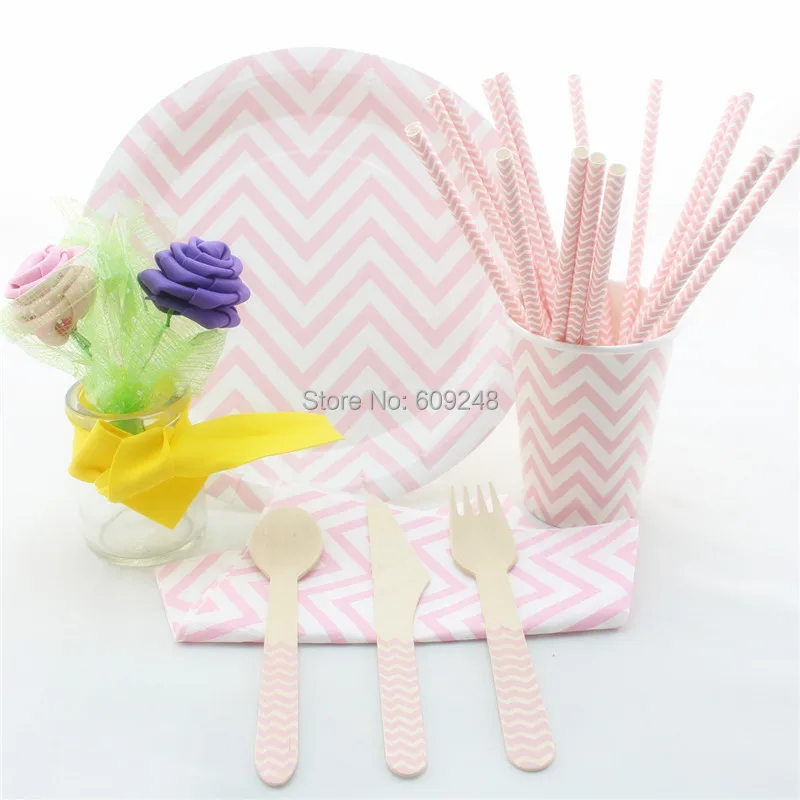 Biodegradable Baby Pink Party Tableware Set,Cheap Disposable Chevron Zig Zag Wooden Cutlery Set,Paper Straws,Napkins,Plates,Cups