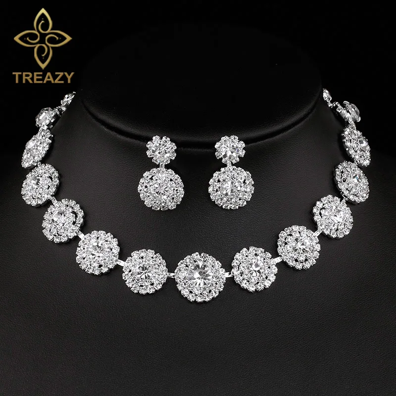 TREAZY Sparkling Silver Color Crystal Wedding Jewelry Set for Women Statement Choker Necklace Earrings Set Bridal Jewelry Set