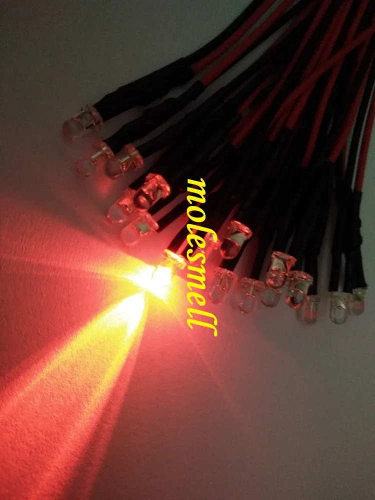 Juego de luces LED redondas, 100 piezas, 3mm, 24v, rojo agua clara, 20cm, precableado, 3mm, 24V, CC, con cable