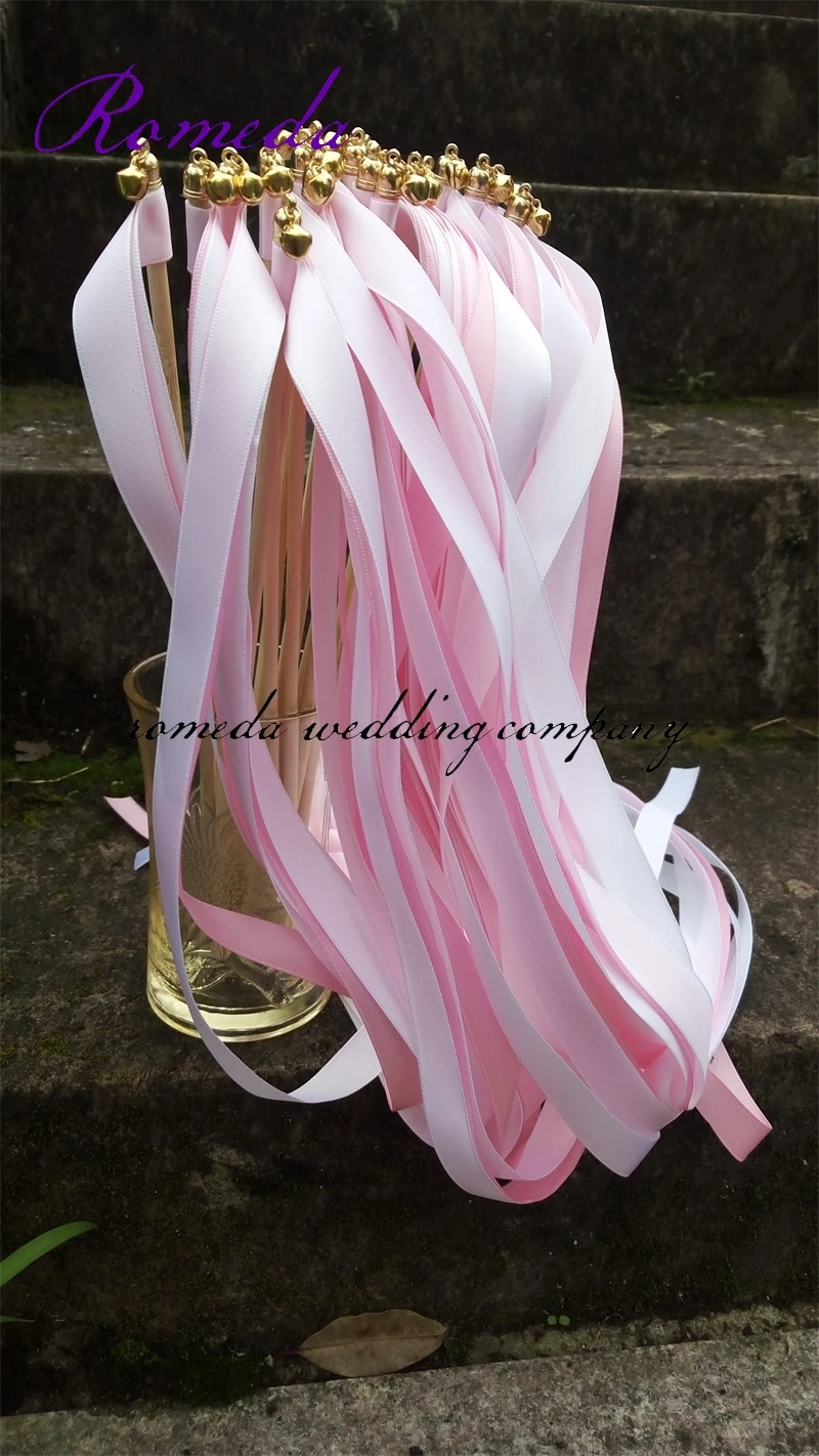 50pcs/lot (2pcs light pink +1pc pink) stain ribbon wedding wands ;cheap wedding ribbon streamers for wedding party