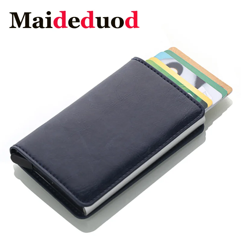 

Maideduod NEW Men And Women Credit Card Holder RFID Aluminium Business Card Holder Crazy Horse PU Leather Travel Card Wallet