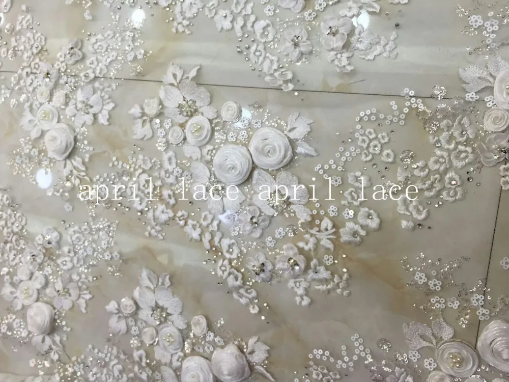 5yards /lot A1389 pearls ivory stone 3d chiffon flower sequin   embroidery  lace fabric for wedding dress