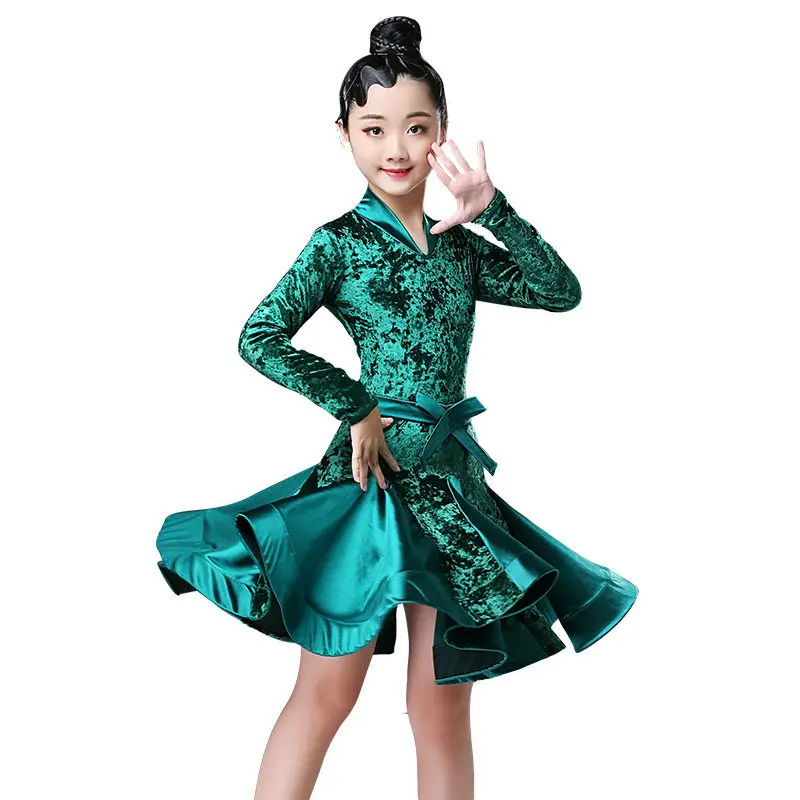 Autumn Winter latin dresses for dance ballroom dance dress rumba samba velvet children samba cha cha tango skirt standard salsa