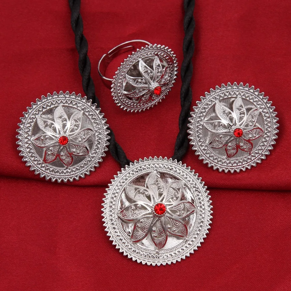 Silver Ethiopian Jewelry Sets White Blue Red Stone Silver Plated Habesha Bride Wedding Eritrea Chain