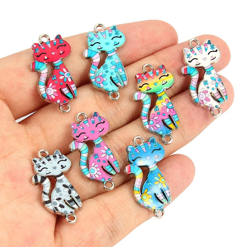 10pcs Cat Enamel Alloy Bracelets Connectors Animal Charms Fashion DIY Necklace Women Jewelry Accessories Finding 3*1.6cm