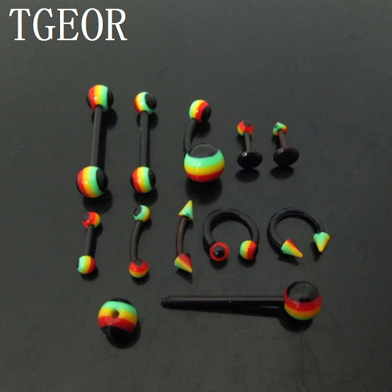 free shipping body piercing jewelry 1 Pair rasta reggae tongue barbell ring flexible acrylic labret piercing tragus eyebrow ring