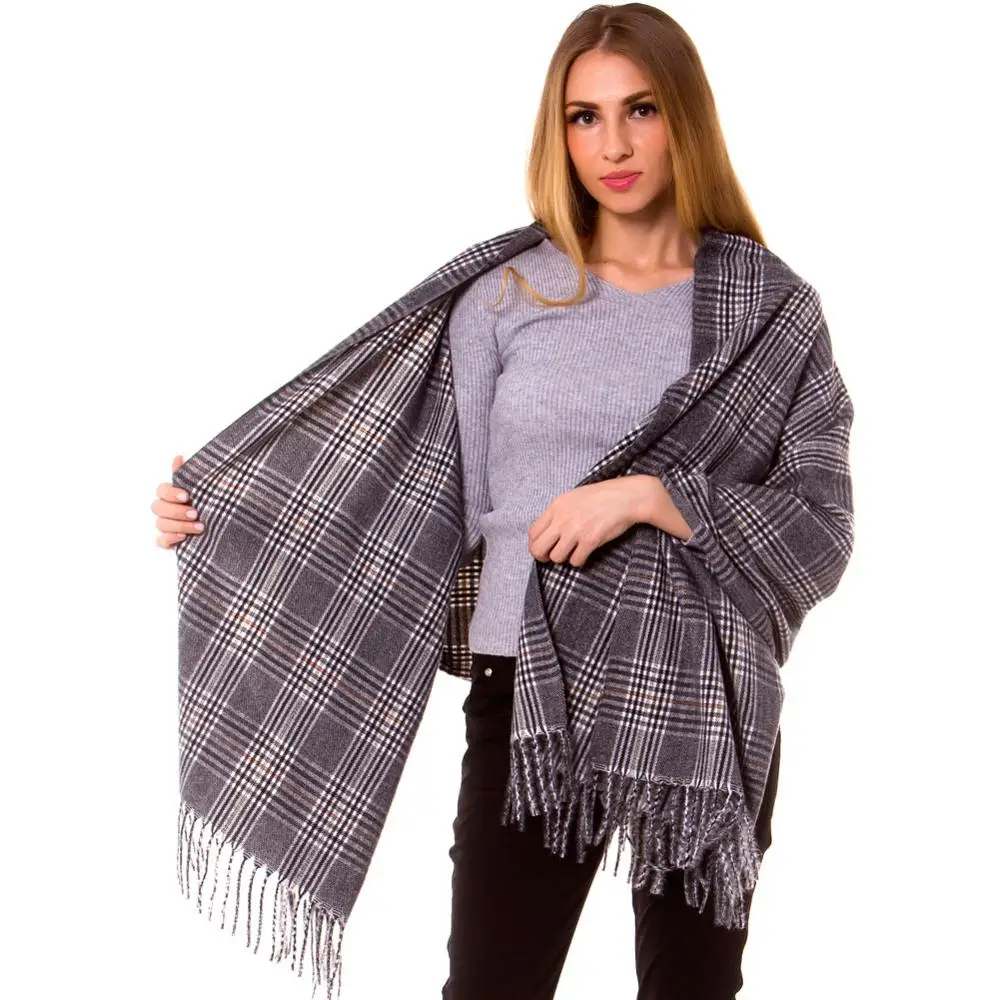 

Cashmere Silk Check Plaid Scarf Wrap Oblong Shawl Warm Fashion Long Thick Hijab Top Quality Tartan Blanket Autumn Winter Grey