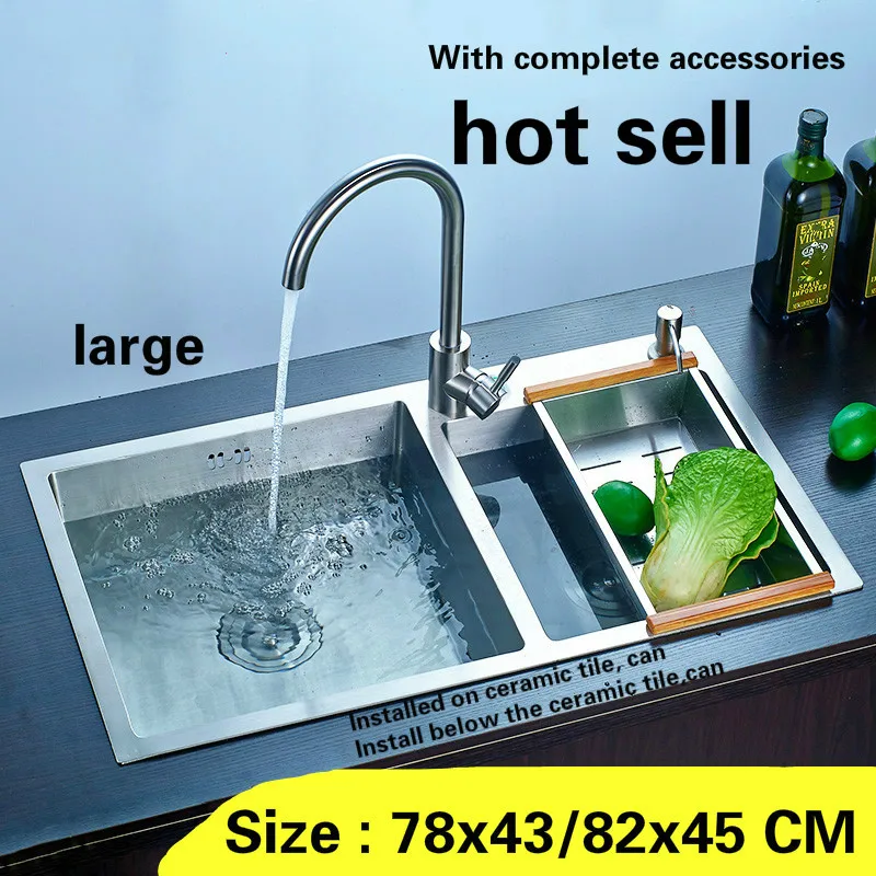 Free shipping kitchen sink large durable double trough 304 stainless steel hand made hot sell 78x43 / 82x45 CM