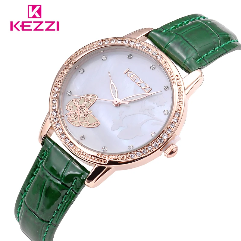 Luxury Brand KEZZI Leather Strap Woman Quartz Watches Creative Inlay Butterfly Dial Shell Surface Waterproof Ladies Watch