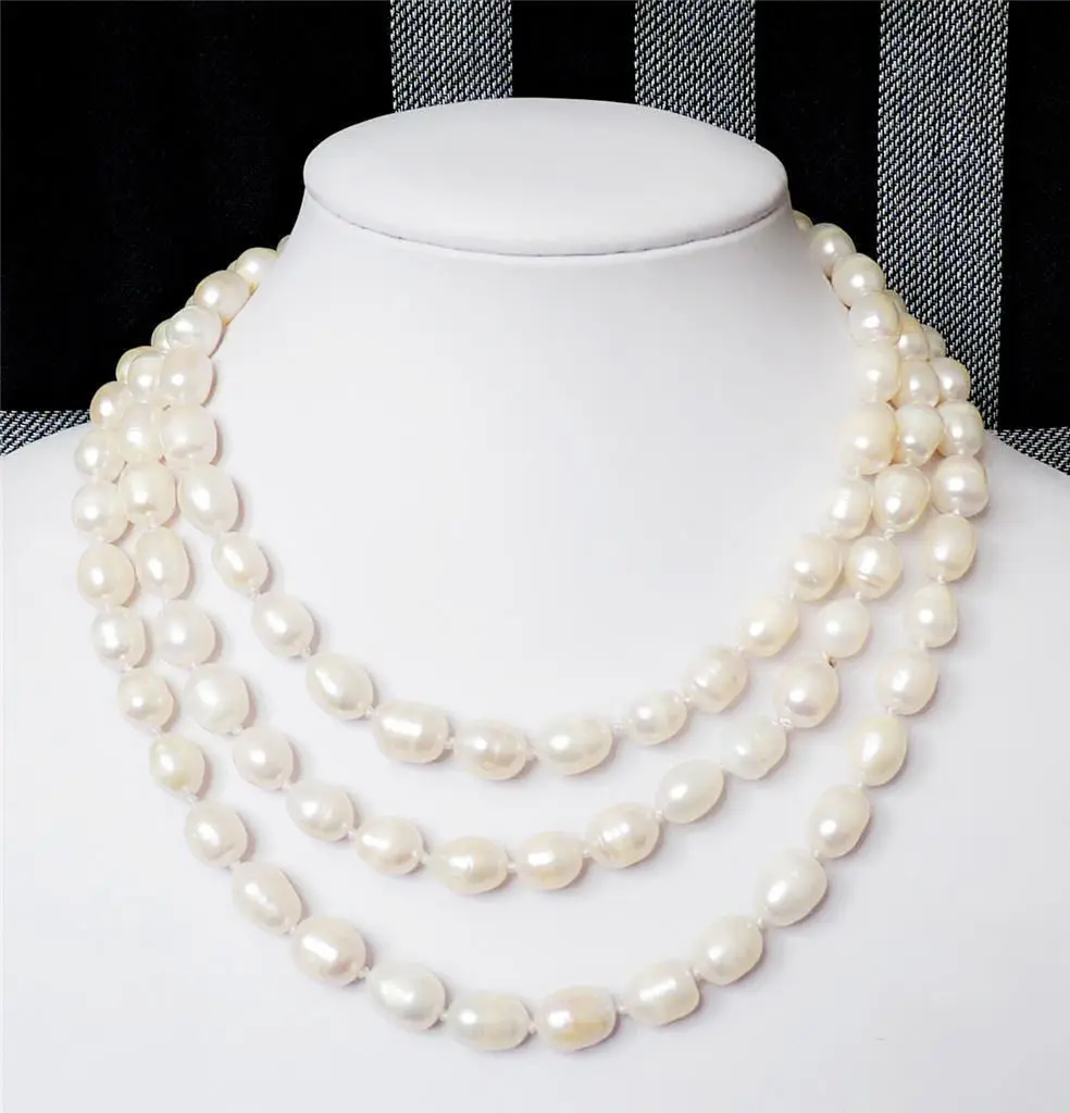 

FREE SHIPPING HOT sell new Style 8-10MM white Baroque Freshwater Cultured Rice Pearl Necklace 48"inch"