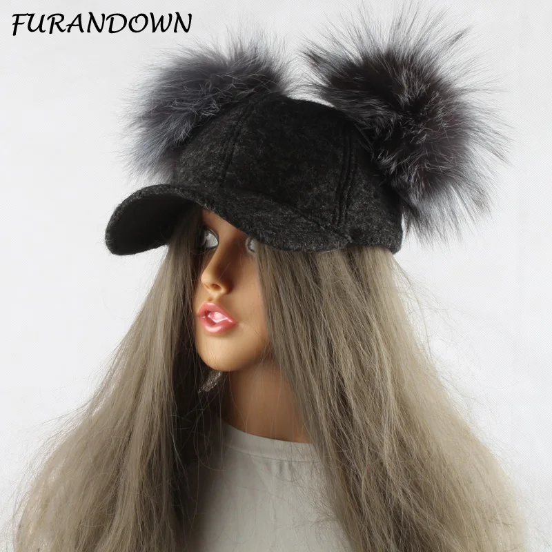 Real Silver Fox Fur Pompom Winter Hat For Women Kids Cartoon Two Pom Poms Baseball Caps Brand Snapback Hip hop Hat Cap