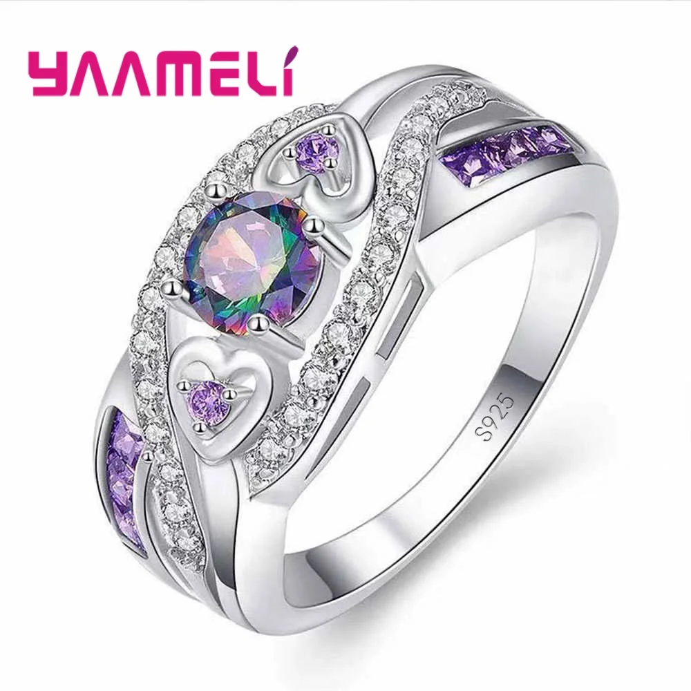 

New Fashion Women Wedding Party 925 Sterling Silver Color Jewelry Round Heart Crystals Multicolor CZ Rings For Sale Top Sale