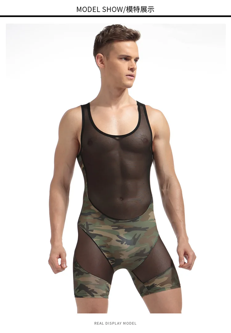 Bodysuit Siamese Underwear Panties Shapers Buttons Wrestling suit Breathable Mesh Mens Underwear Camouflage transparent Bodywear