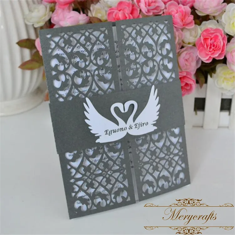 Poetic design laser cut swan elegant European wedding invitation card