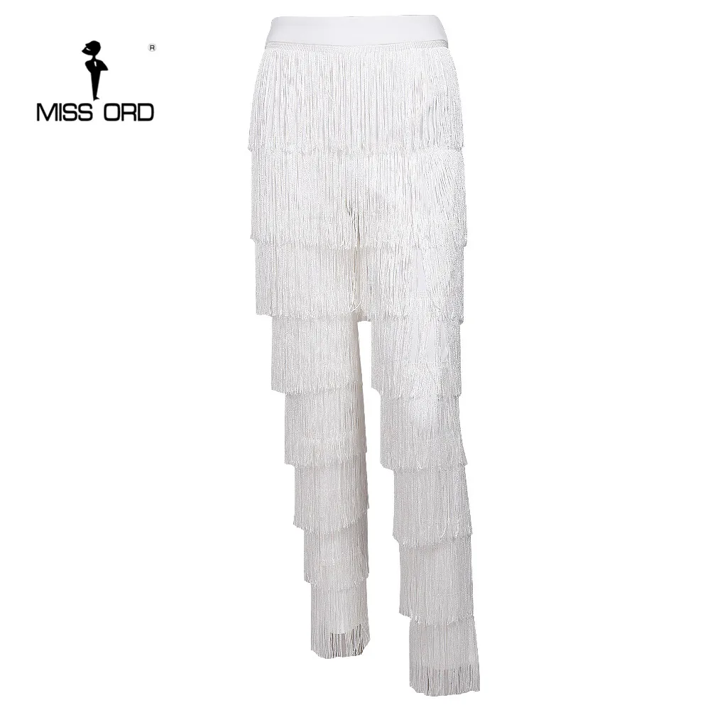 Missord White Pants Women Fashion High Waist Tassel Zip Long Pants Black Fringed Trousers