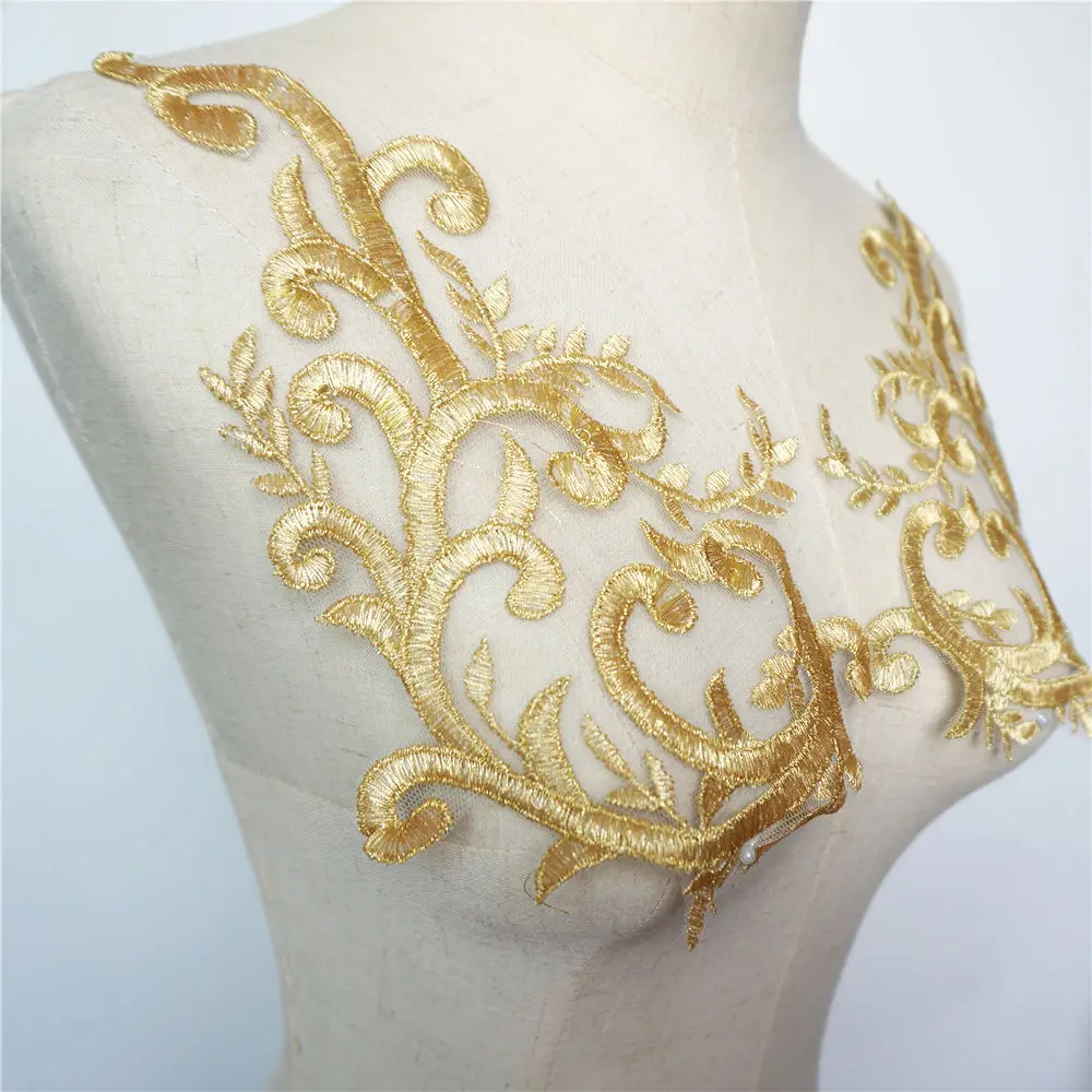 2PCS Gold Lace Fabric Flowers Branch Applique Embroidered Wedding Gown Collar Mesh Sew On Patches For Dress DIY Decoration