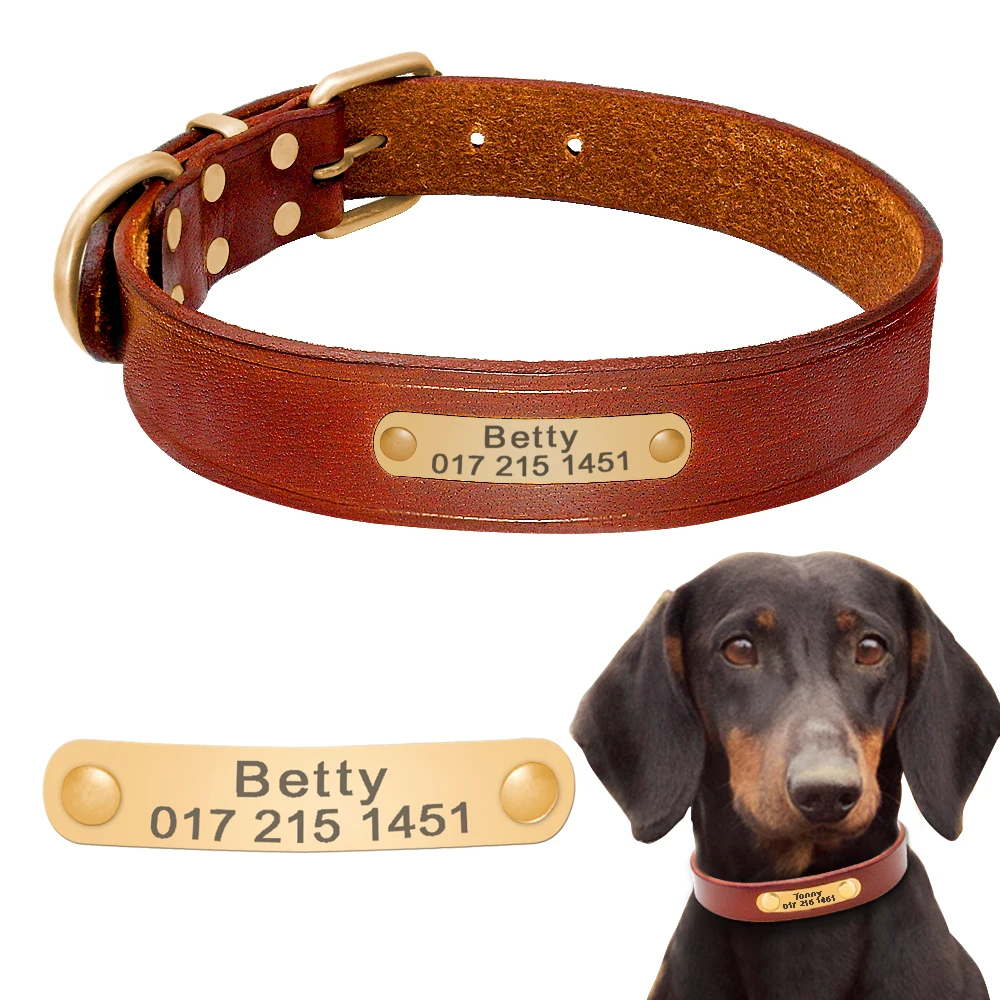 

Personalized Dog Collars Leather Customized ID Name Collars for Dog Adjustable Engrave for Small Medium Large Dogs Pets Pug XS