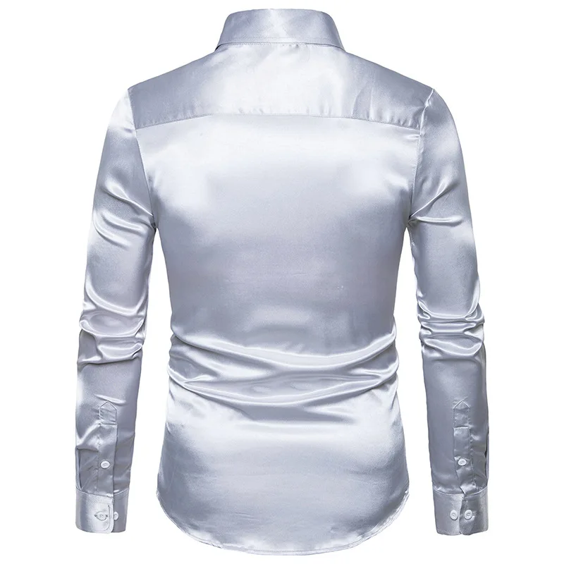 KH Mens Fashion Shiny Satin Long Sleeve Casual Shirts Men's Slim Fit Dress Shirt Performance clothing Banquet Shirt 10 Colors