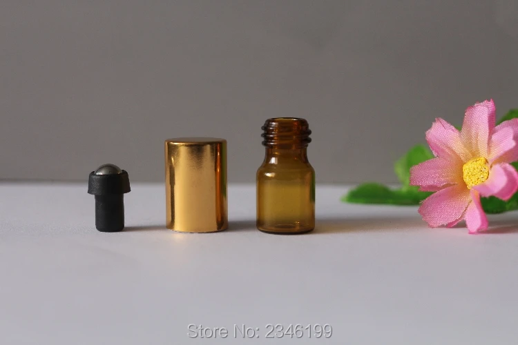 1ML 2ML 100pcs/lot Empty Sample Perfume Bottle, Brown Steel Roll On Glass Cosmetic Bottle, DIY Portable Essential Container