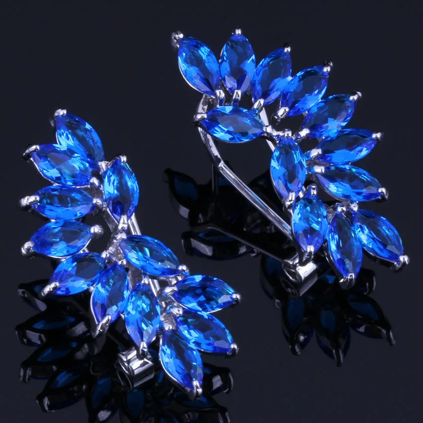 Brilliant Ear Shaped Blue Cubic Zirconia Silver Plated Clip Hoop Huggie Earrings V0889