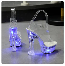 6 Color Square Heel Women Sandals Light Up Glowing Shoes  Luminous Clear Sandals Platform Shoes High Heel 15cm Transparent Shoes