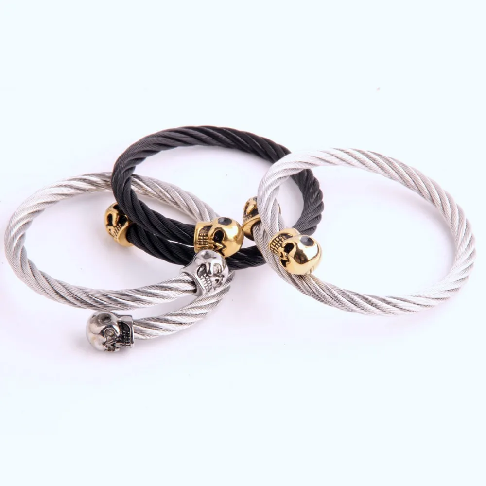 Rock Roll Mens Boy Double Skeleton Skull Head Cuff Bangle Bracelet Punk Black Wire Cable Chain Stainless Steel Biker Jewelry 6MM