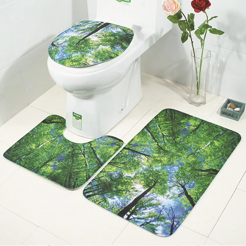 New 3PCS Toilet Floor Mat Set Non-Slip Flannel Bathroom Carpet with 3D Wave Printing Toilet Cover and floor Rugs set